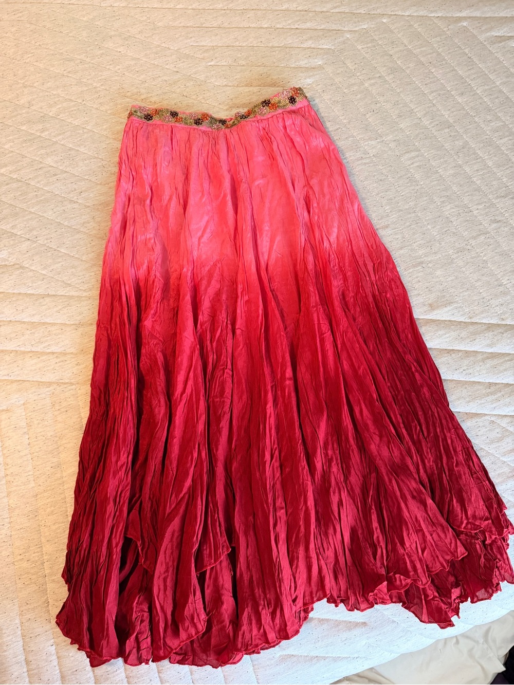 Pink Ombre Crinkle Maxi Skirt with Embellished Waist